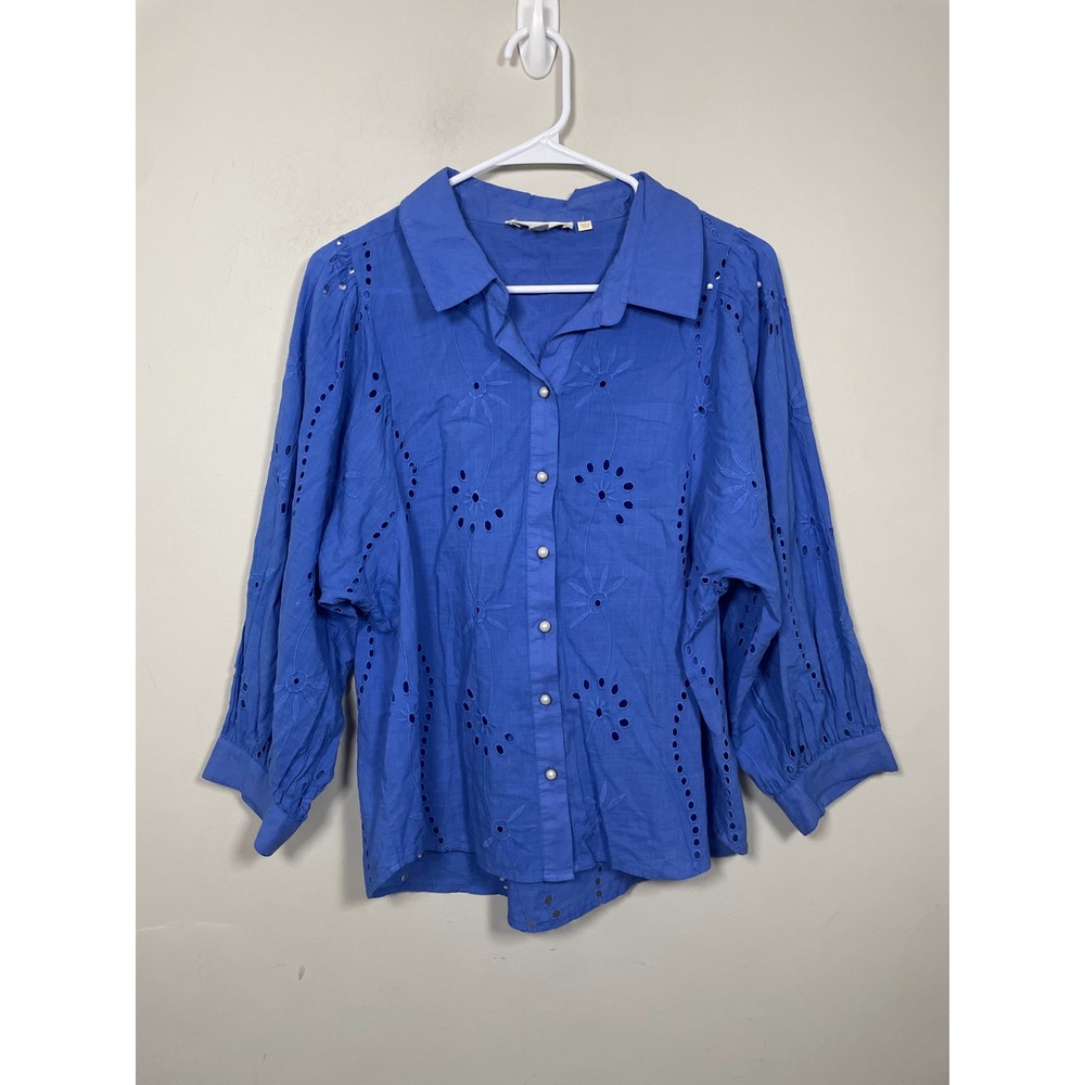 Anthropologie Forever That Girl Blue Puff Sleeve Cotton Eyelet Button Down - Picture 2 of 10